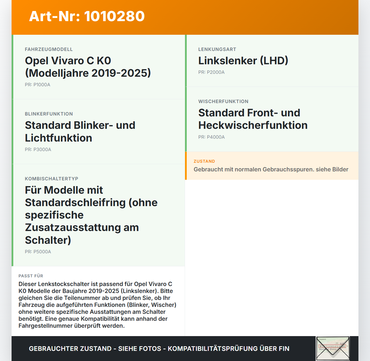 Opel Vivaro C K0 19-25 Lenkstockschalter Blinker Wischer Schleifring Kombischalter Opel Vivaro C K0 19-25... Vorschau 3