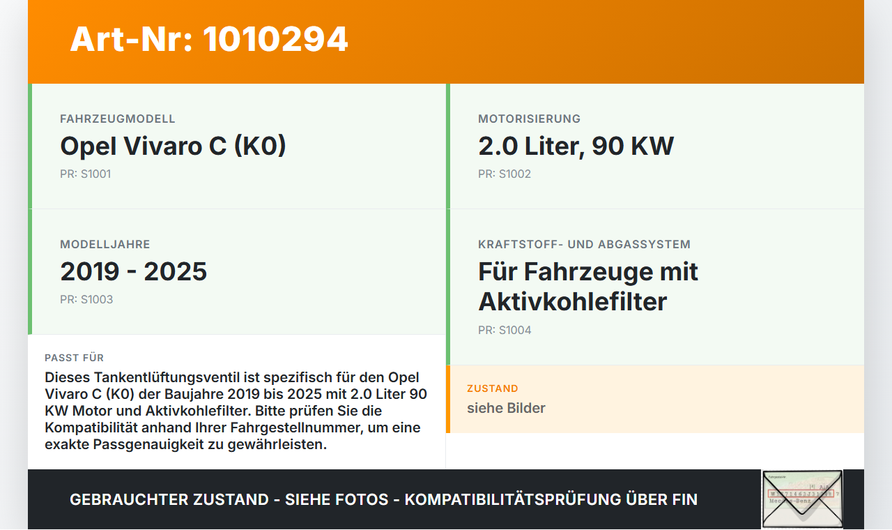 Opel Vivaro C K0 19-25 2,0 90KW Tankentlüftungsventil Ventil Aktivkohlefilter Opel Vivaro C K0 19-25 19.08.2020... Vorschau 3