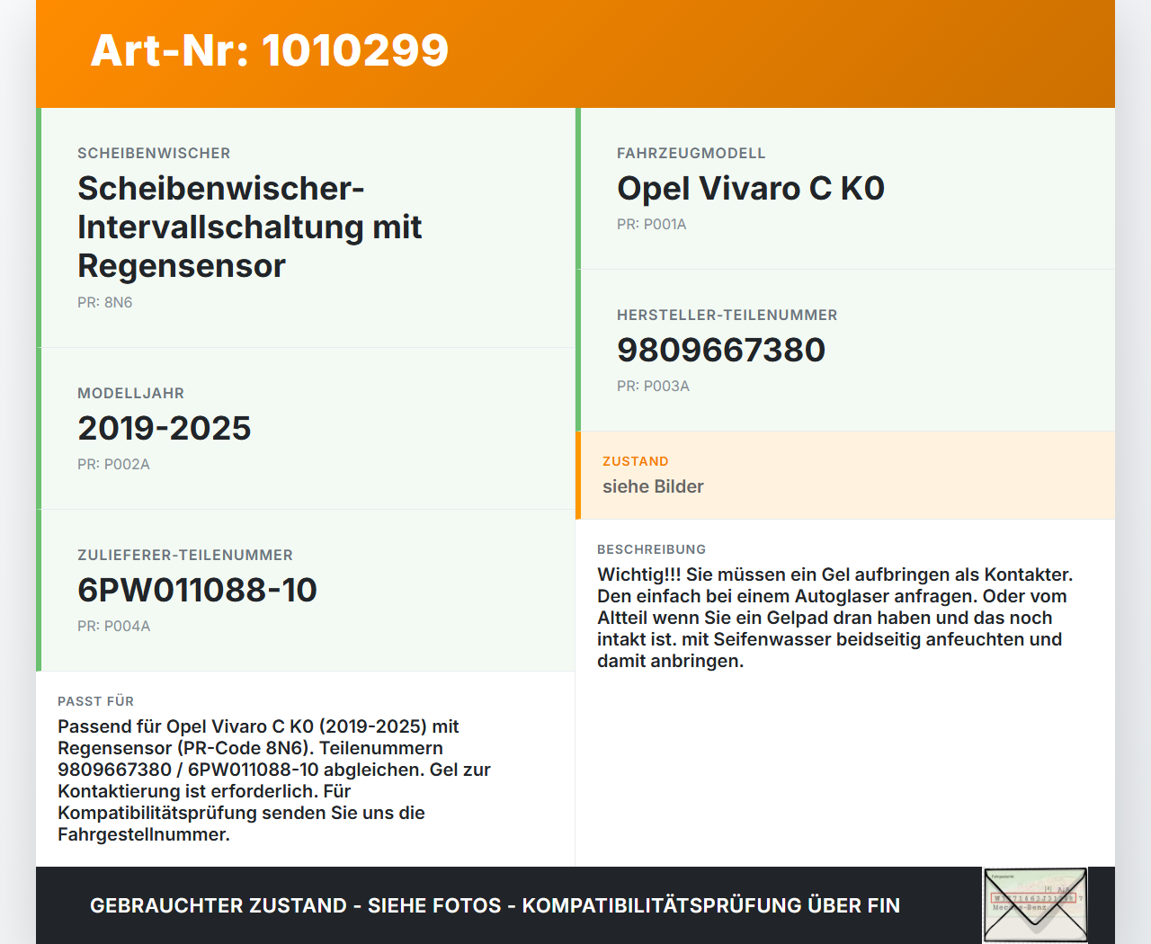 Opel Vivaro C K0 19-25 Regensensor Opel Vivaro C K0 19-25 19.08.2020 9809667380 6PW011088-10 gebraucht Vorschau 3