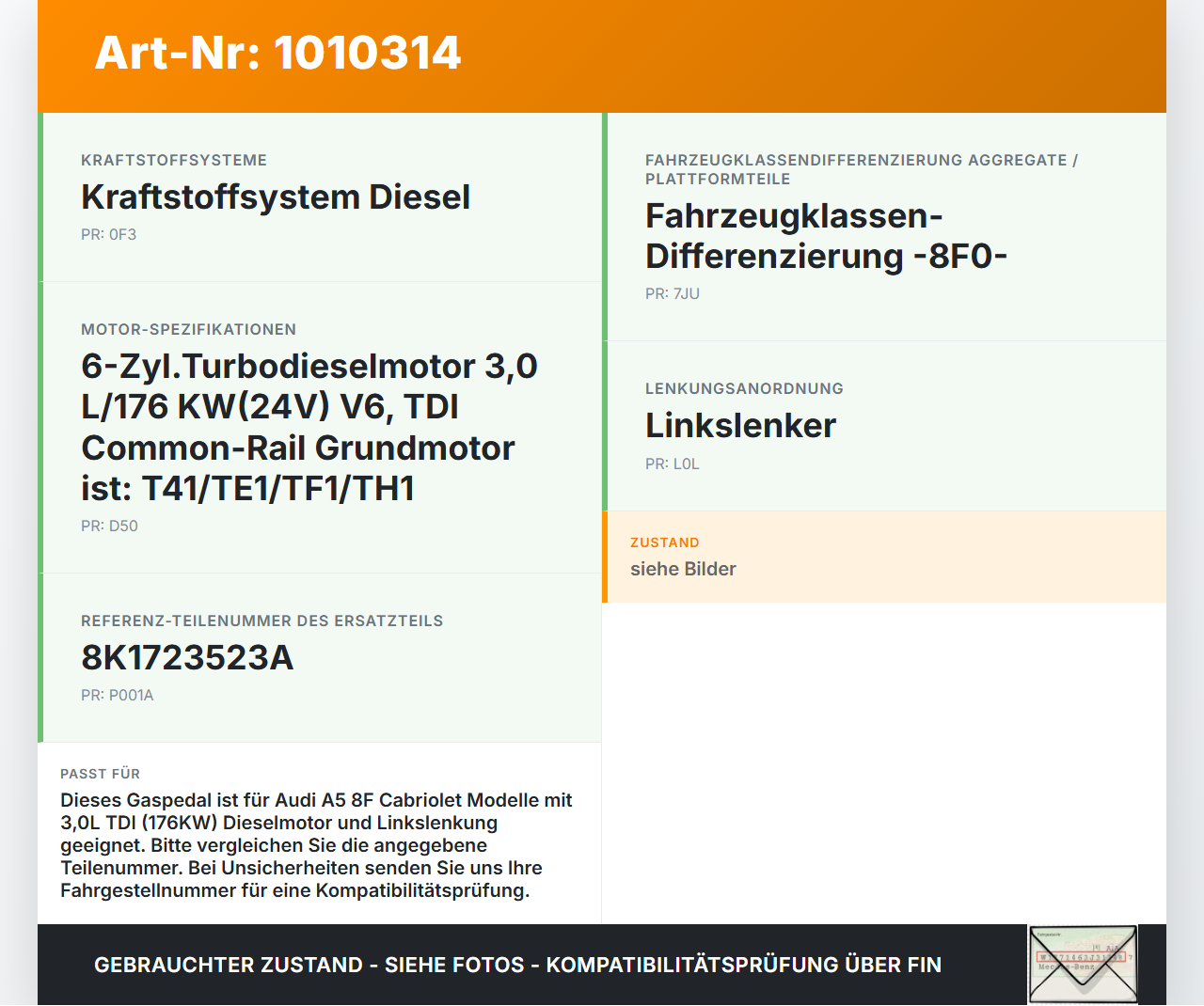 Audi A5 8F Cabrio 09-12 TDI 3,0 176KW Gaswertgeber Gaspedal Audi A5 8F Cabrio 09-12 05.05.2011 8K1723523A gebraucht Vorschau 3