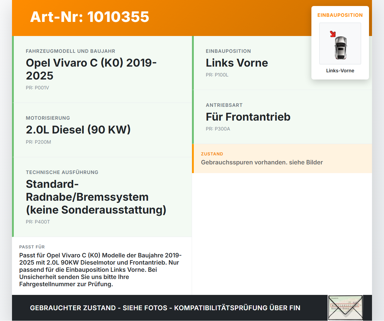 Opel Vivaro C K0 19-25 2,0 90KW Achsschenkel Radnabe Links Vorne Opel Vivaro C K0 19-25 19.08.2020 gebraucht Vorschau 3