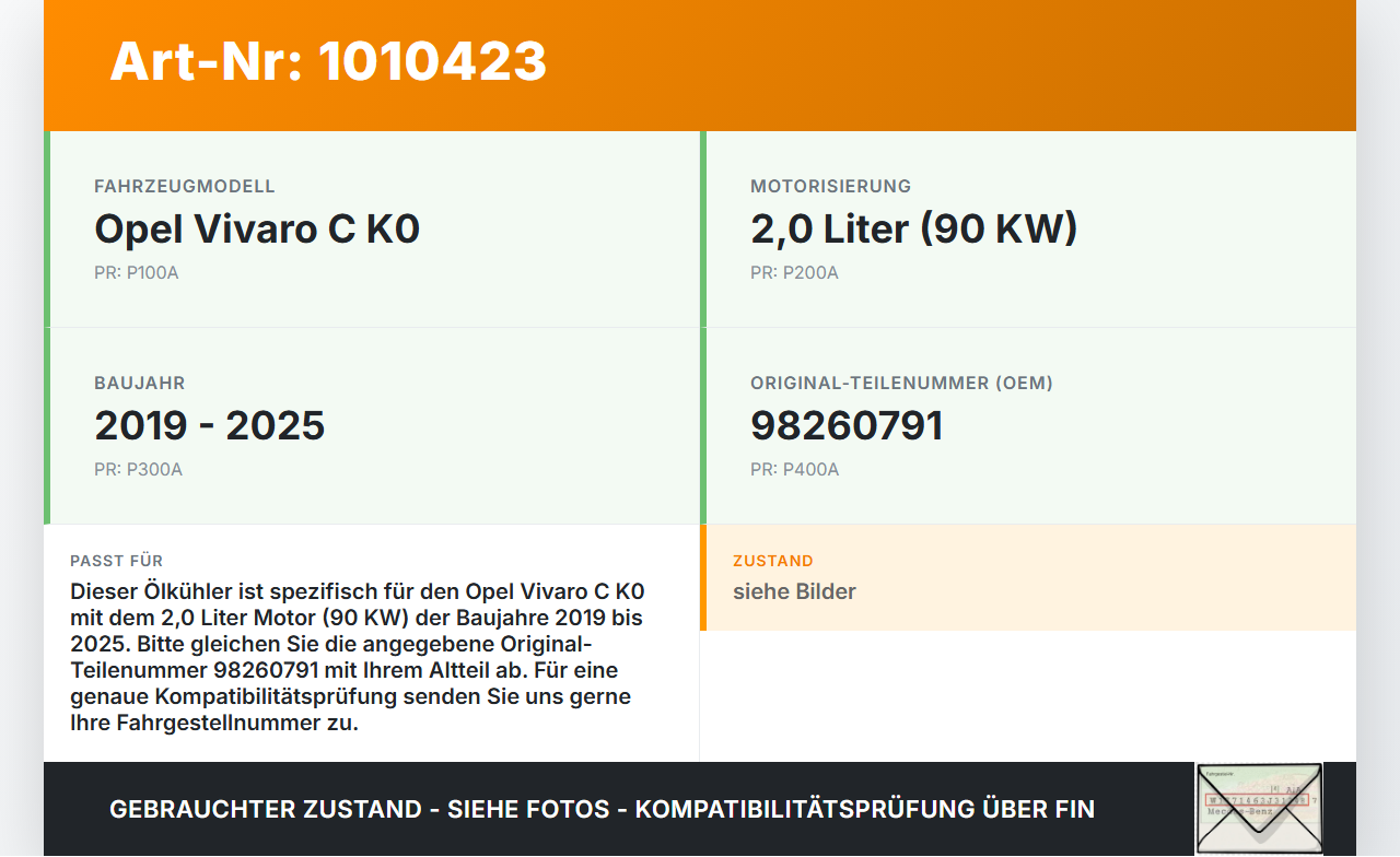 Opel Vivaro C K0 19-25 2,0 90KW Ölkühler Opel Vivaro C K0 19-25 19.08.2020 98260791 gebraucht Vorschau 3