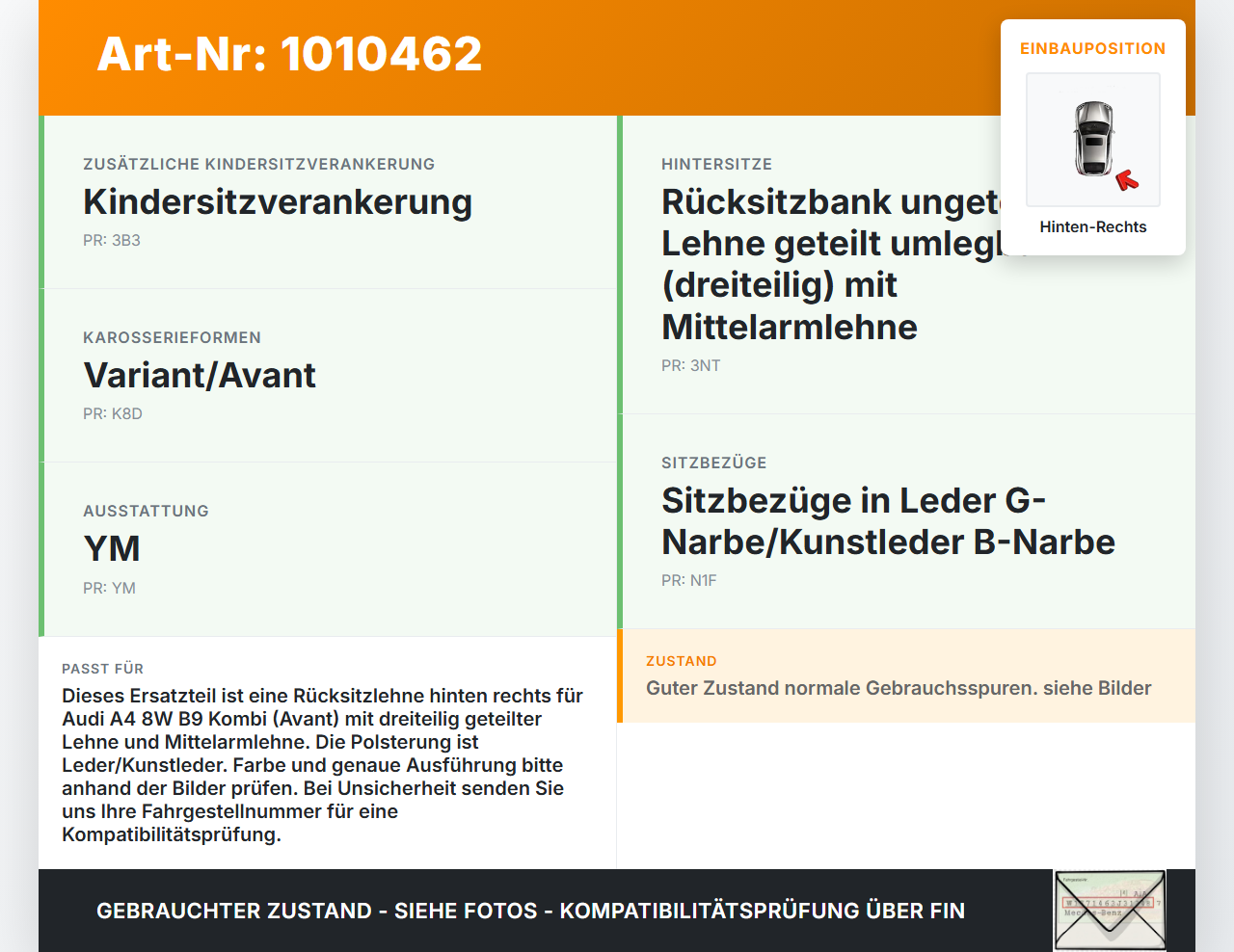 Audi A4 8W B9 19-24 Kombi Rücksitzbank Lehne hinten Rechts Armlehne Gurt Audi A4 8W B9 19-24 24.10.2019 8W9885205BN... Vorschau 3