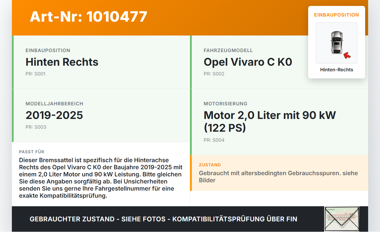 Opel Vivaro C K0 19-25 2,0 90KW Bremssattel Bremszange Hinten Rechts Opel Vivaro C K0 19-25 19.08.2020 gebraucht Vorschau 3