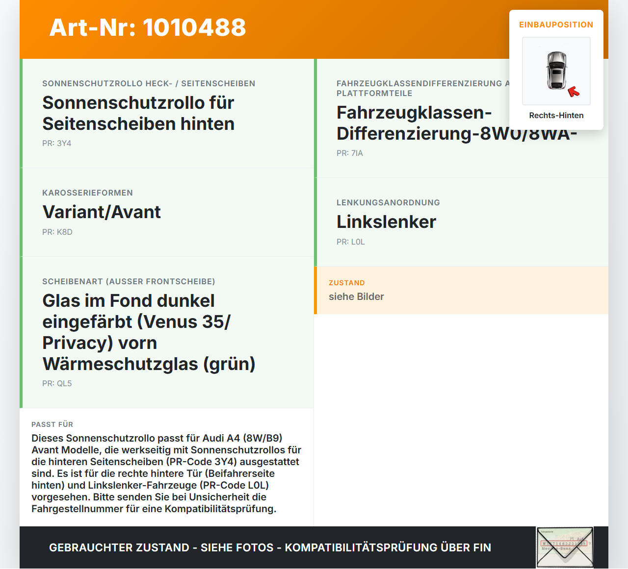 Audi A4 8W B9 19-24 Sonnenschutzrollo Rollo für Tür Rechts Hinten Audi A4 8W B9 19-24 24.10.2019 8W9861333A... Vorschau 3