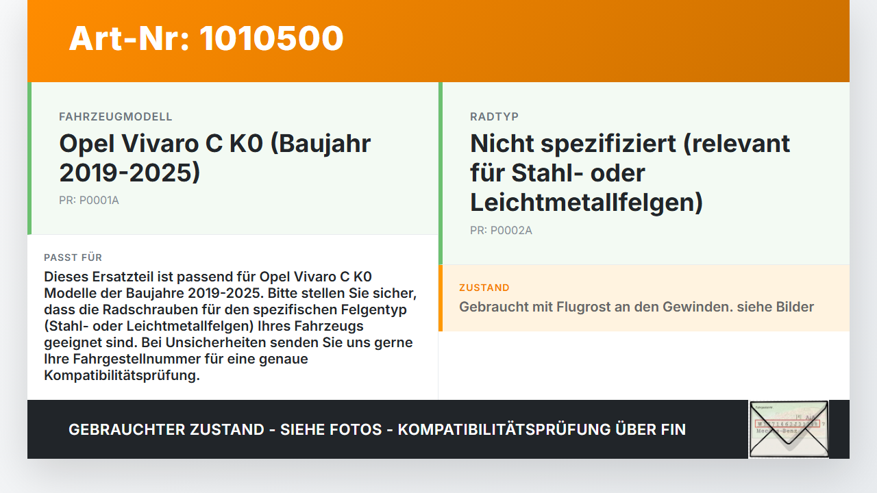 Opel Vivaro C K0 19-25 Satz Radschrauben Radbolzen Radbefestigung Opel Vivaro C K0 19-25 19.08.2020 gebraucht Vorschau 3