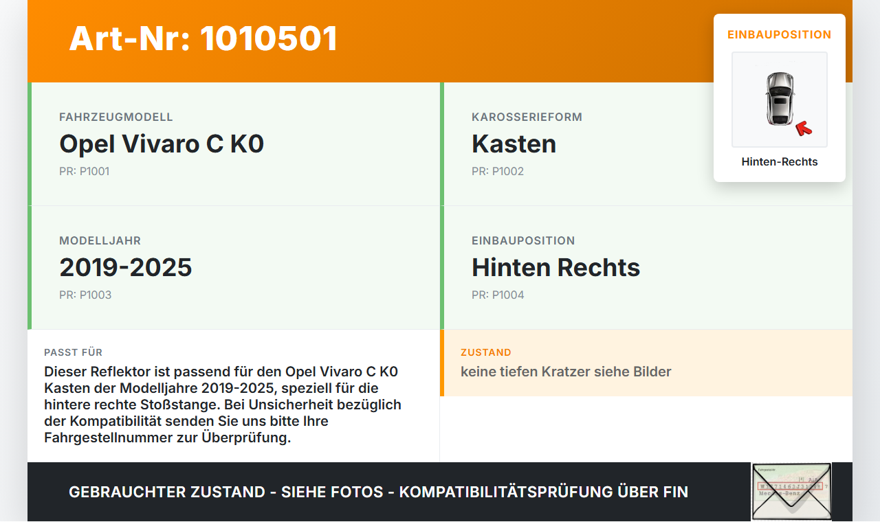 Opel Vivaro C K0 19-25 Kasten Reflektor für Stoßstange Hinten Rechts Opel Vivaro C K0 19-25 19.08.2020 9659830580... Vorschau 3