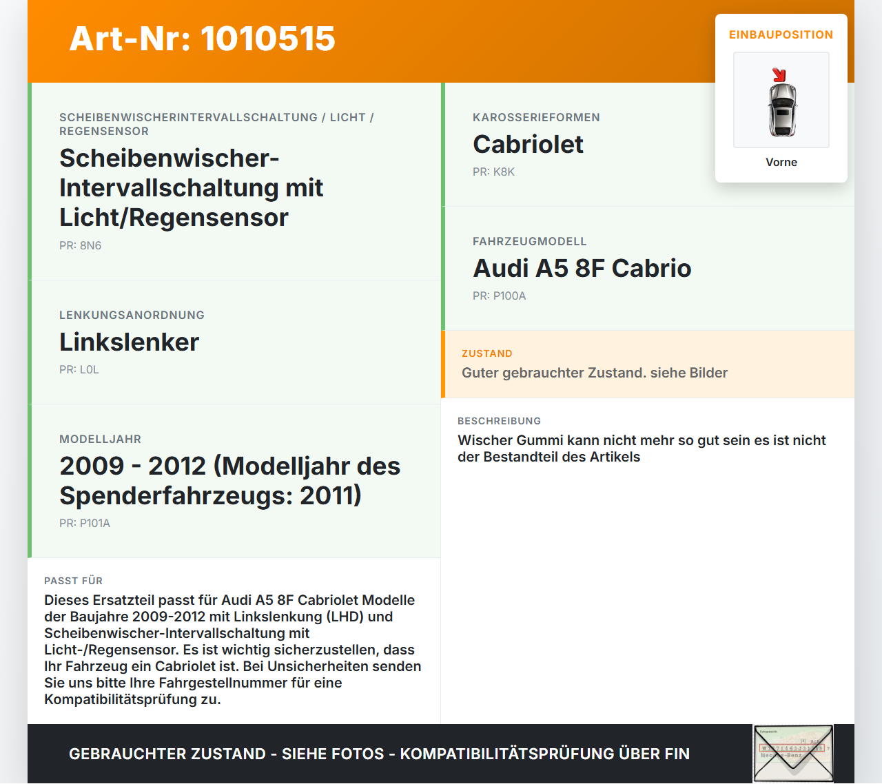 Audi A5 8F Cabrio 09-12 2x Scheibenwischer Wischarm Vorne Audi A5 8F Cabrio 09-12 05.05.2011 8F1955407 gebraucht Vorschau 3