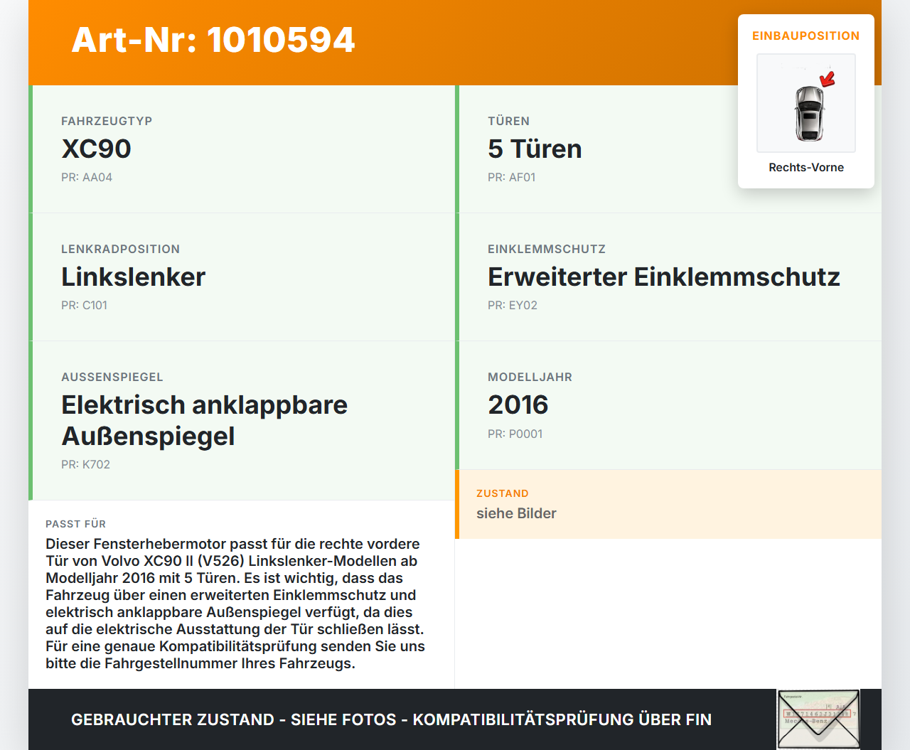 Volvo XC 90 XC90 II T6 Fensterhebermotor Rechts Vorne Volvo XC 90 XC90 II T6 02.11.2018 31453358 927589-103... Vorschau 3
