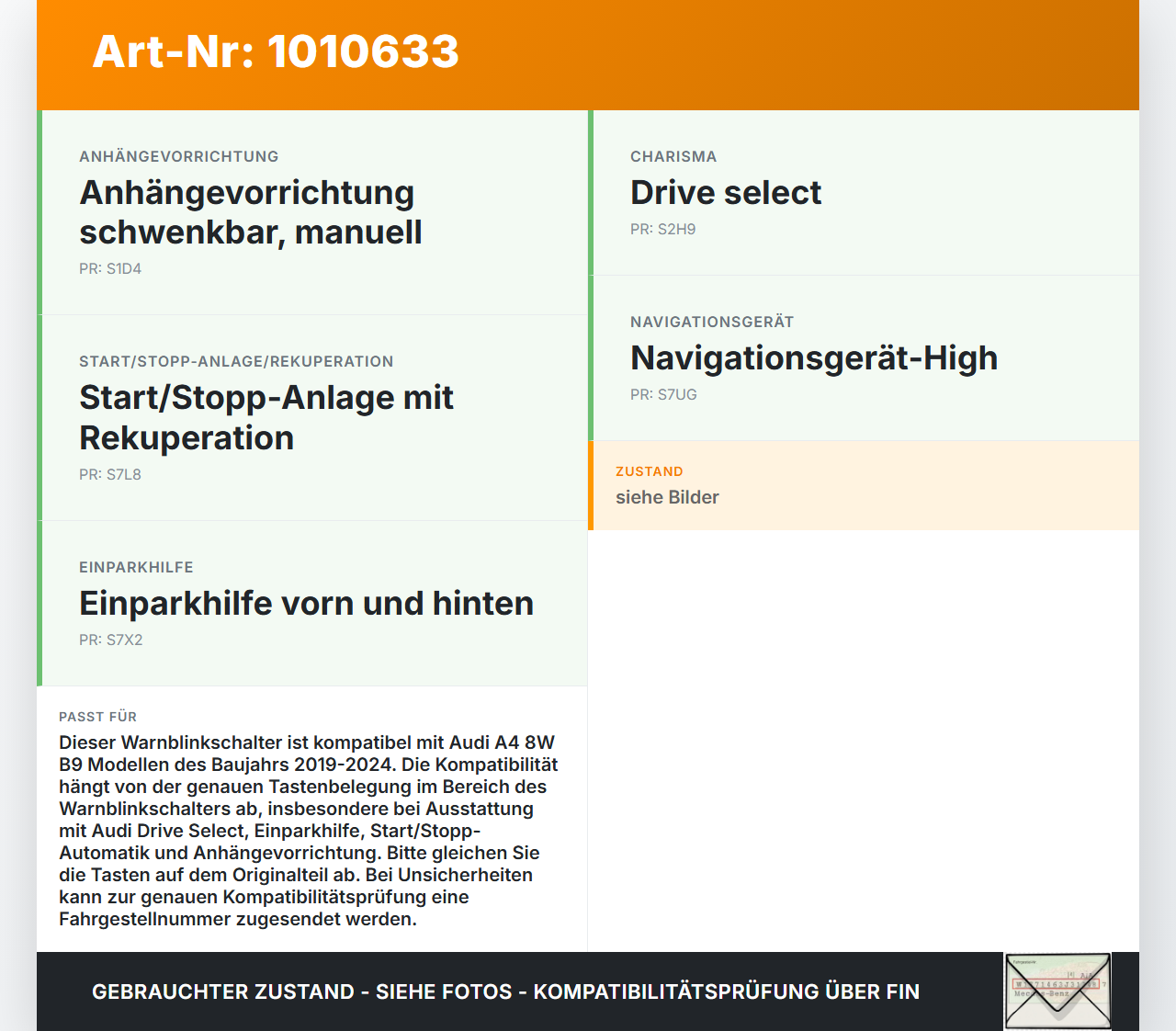 Audi A4 8W B9 19-24 Warnblinkschalter Schalter Audi A4 8W B9 19-24 24.10.2019 8W0941509A gebraucht Vorschau 3