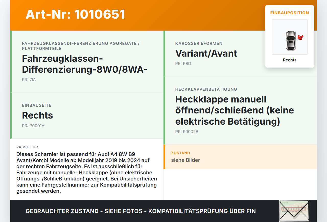 Audi A4 8W B9 19-24 Kombi Scharniere Scharnier für Heckklappe Rechts Audi A4 8W B9 19-24 24.10.2019 8W9827300B... Vorschau 3