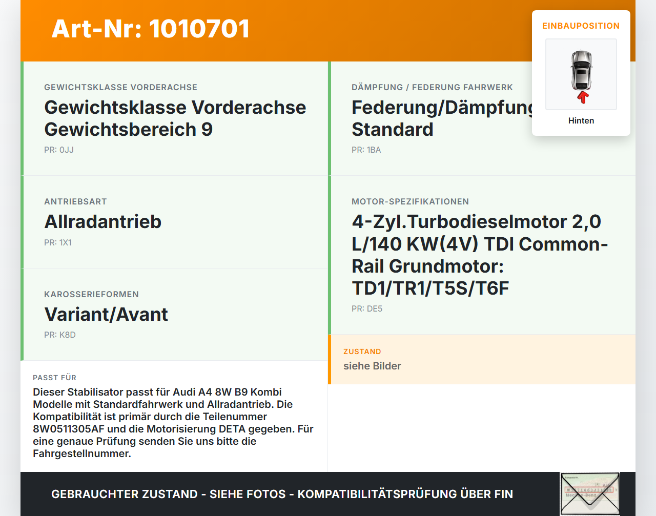 Audi A4 8W B9 19-24 Kombi Stabi Stabilisator Hinten Audi A4 8W B9 19-24 24.10.2019 8W0511305AF gebraucht Vorschau 3