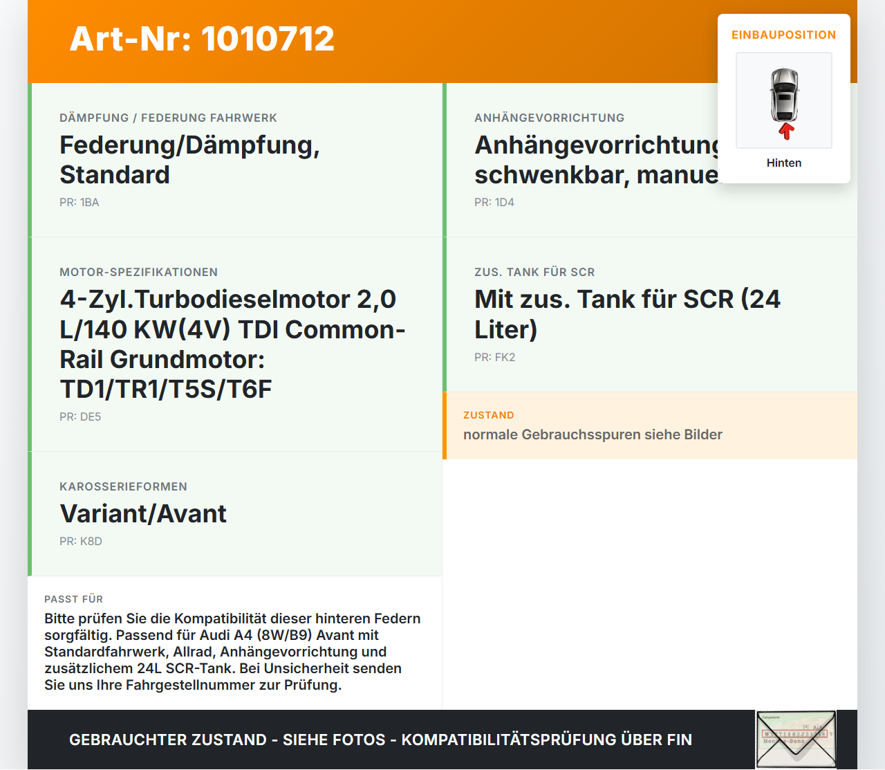 Audi A4 8W B9 19-24 Kombi Beide Feder Federn Hinten Audi A4 8W B9 19-24 24.10.2019 8W0511115ED gebraucht Vorschau 3