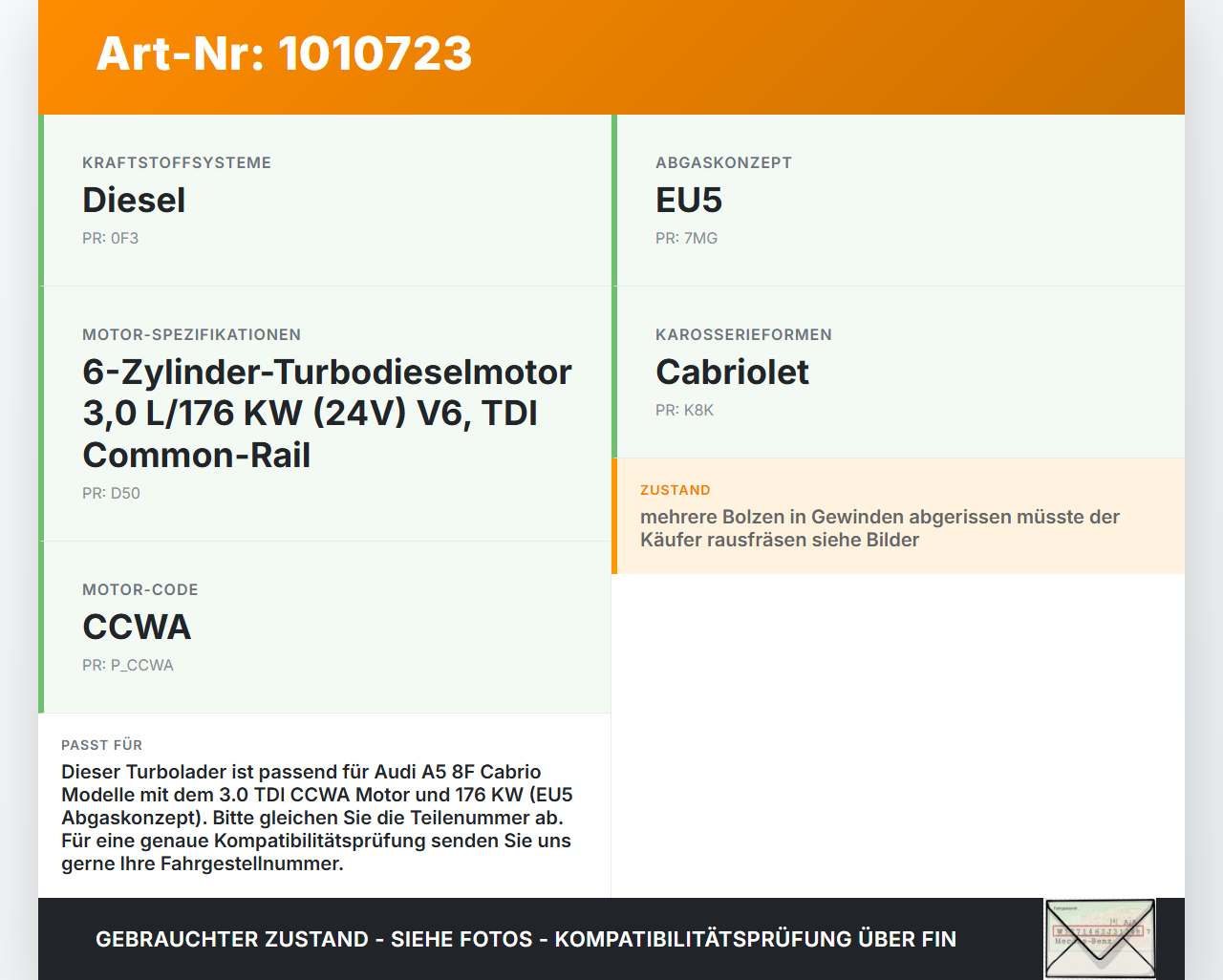 Audi A5 8F Cabrio 09-12 TDI 3,0 176KW CCWA Turbolader Turbo Abgasturbolader Audi A5 8F Cabrio 09-12 05.05.2011... Vorschau 3
