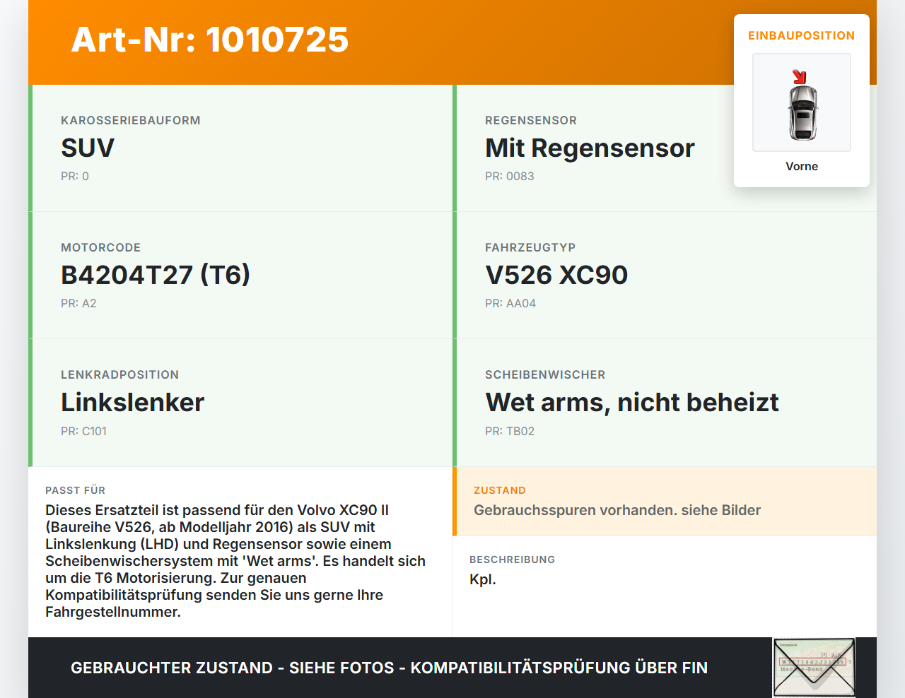 Volvo XC 90 XC90 II T6 Wischermotor m. Wischergestänge Vorne Volvo XC 90 XC90 II T6 02.11.2018 3397021715 31349369... Vorschau 3