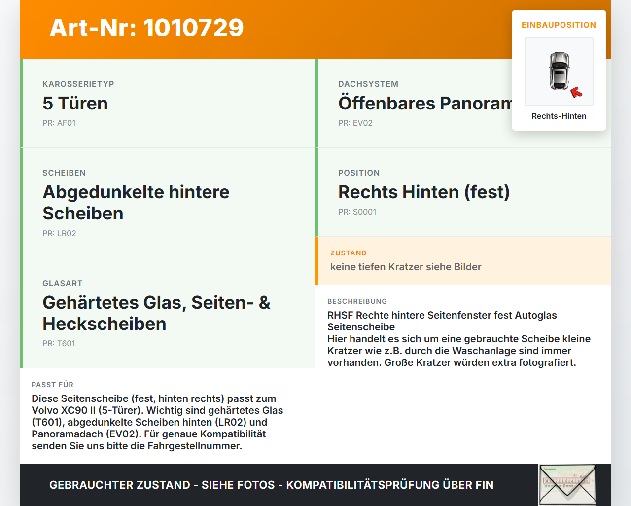 Volvo XC 90 XC90 II T6 Seitenscheibe Feste Scheibe Rechts Hinten Volvo XC 90 XC90 II T6 02.11.2018 31468147 gebraucht Vorschau 3