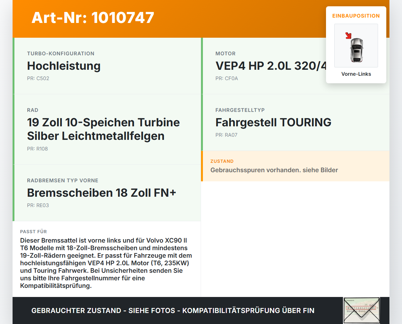 Volvo XC 90 XC90 II T6 T6 2,0 235KW Bremssattel Bremszange Vorne Links 18 Zoll Volvo XC 90 XC90 II T6 02.11.2018... Vorschau 3