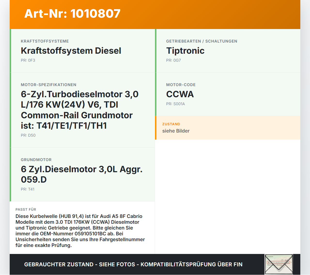 Audi A5 8F Cabrio 09-12 TDI 3,0 176KW CCWA Kurbelwelle HUB 91,4 Audi A5 8F Cabrio 09-12 05.05.2011 059105101BC gebraucht Vorschau 3