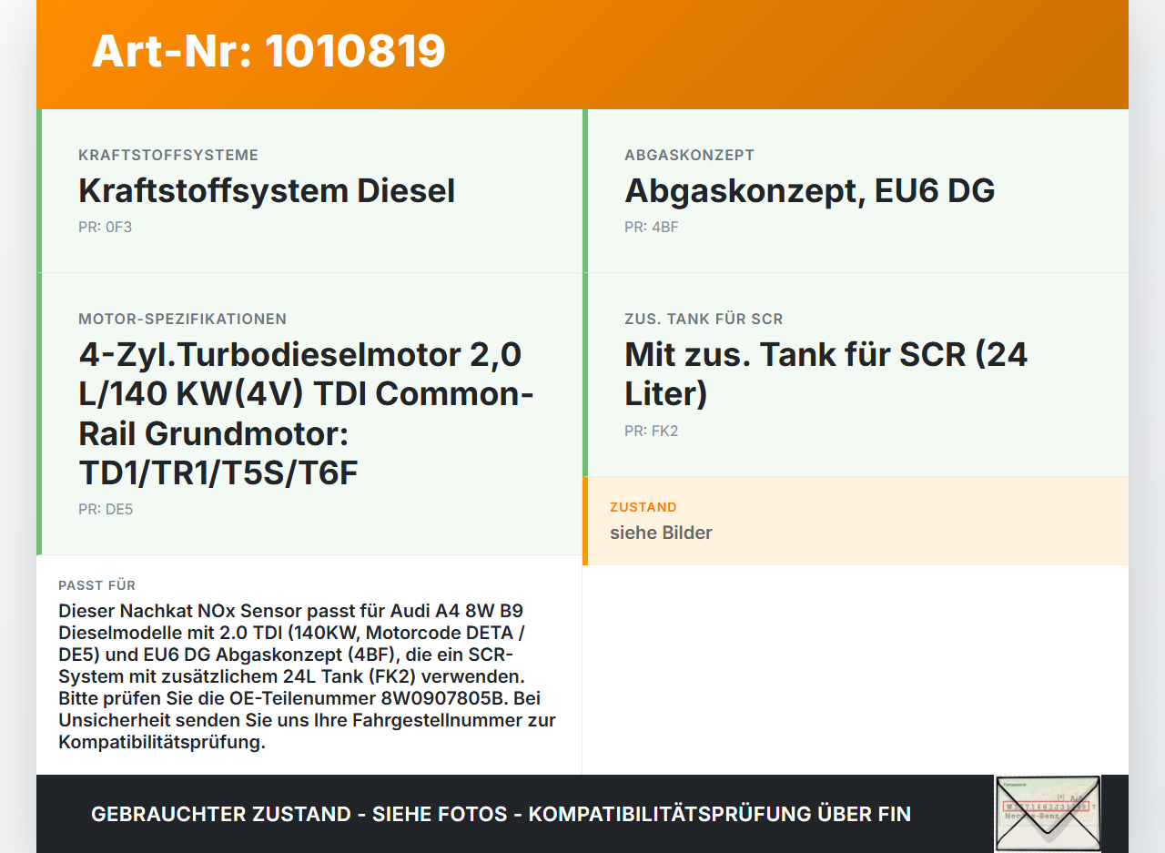 Audi A4 8W B9 19-24 TDI 2,0 140KW Lambdasonde Nachkat Nox Sensor Audi A4 8W B9 19-24 24.10.2019 8W0907807N... Vorschau 3