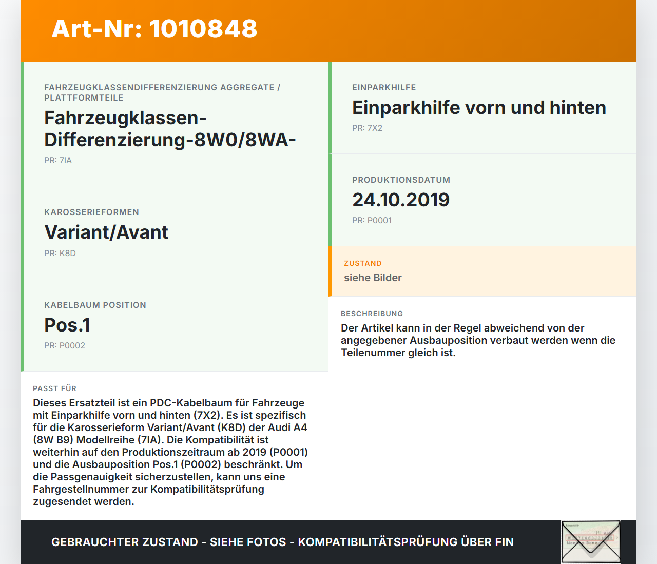 Audi A4 8W B9 19-24 PDC Kabelbaum Pos.1 Audi A4 8W B9 19-24 24.10.2019 5463817100 gebraucht Vorschau 3
