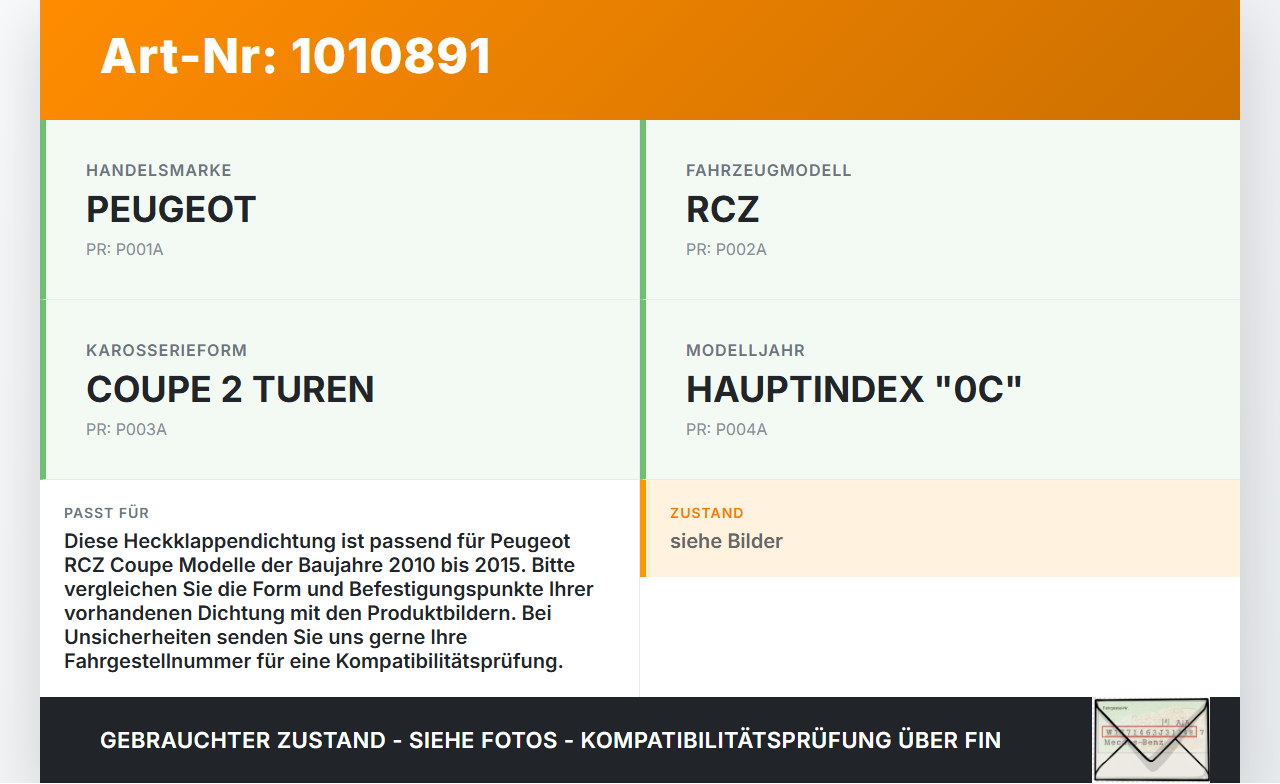 Peugeot RCZ 10-15 Coupe Heckklappendichtung Kofferraumdichtung Dichtung Peugeot RCZ 10-15 18.04.2011 gebraucht Vorschau 3