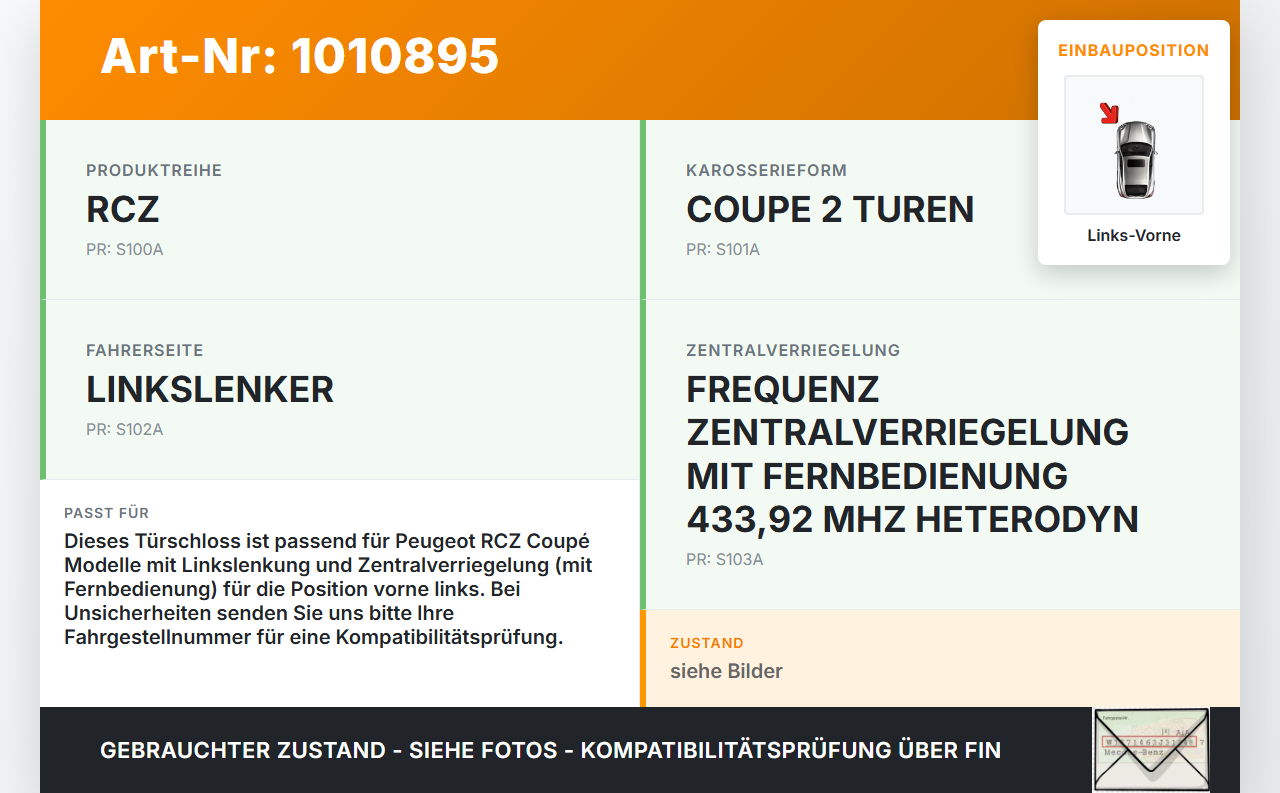 Peugeot RCZ 10-15 Coupe Türschloss m. ZV Stellmotor Links Vorne Peugeot RCZ 10-15 18.04.2011 184079 A03476 gebraucht Vorschau 3