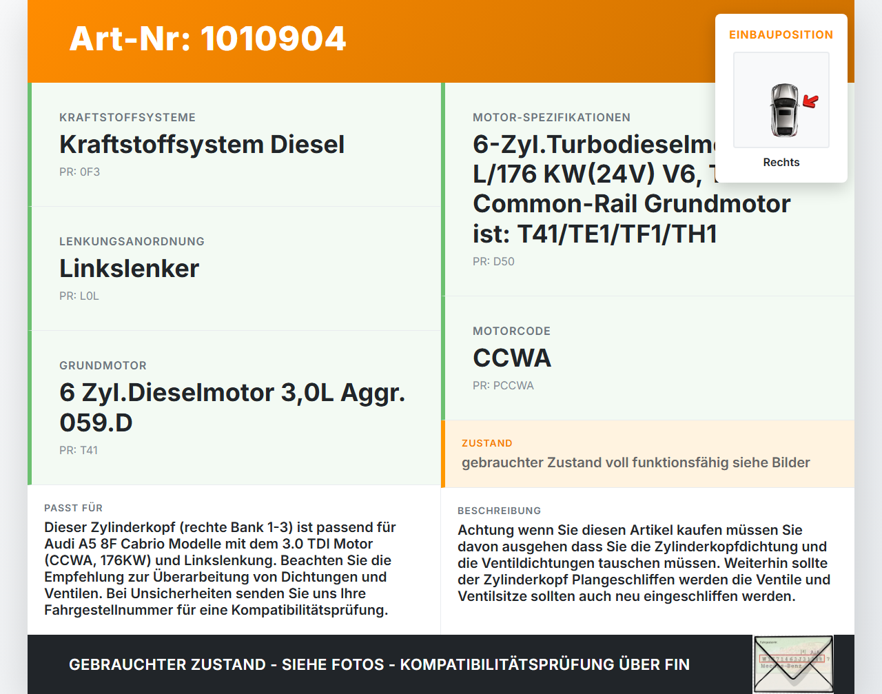 Audi A5 8F Cabrio 09-12 TDI 3,0 176KW CCWA Zylinderkopf Rechts 1-3 Audi A5 8F Cabrio 09-12 05.05.2011 059103266M... Vorschau 3