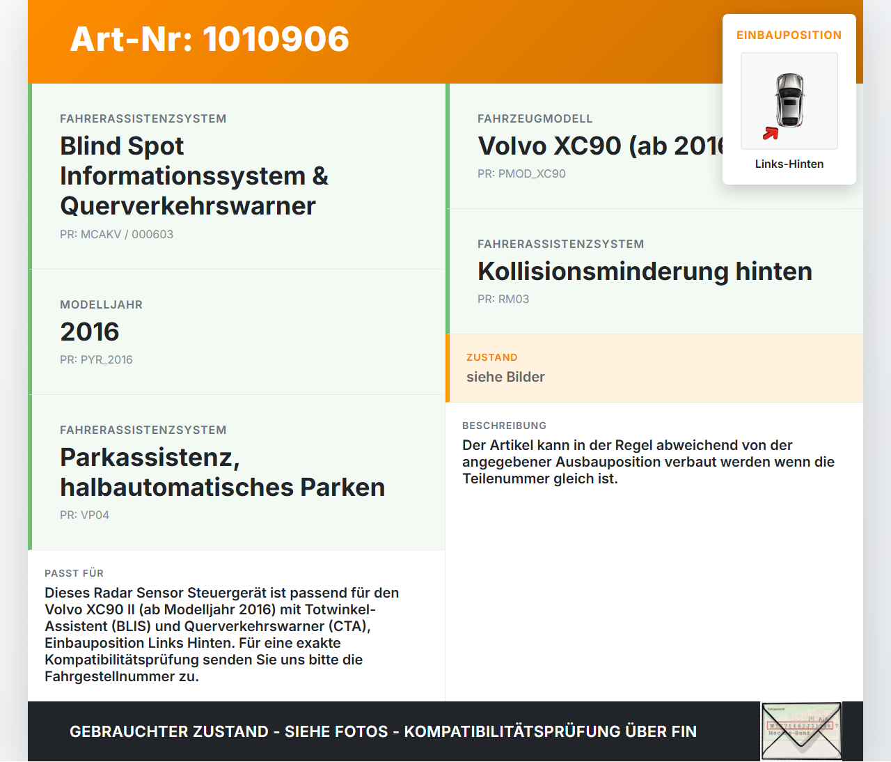 Volvo XC 90 XC90 II T6 Radar Sensor Steuergerät für Totwinkel Assistent Links Hinten Volvo XC 90 XC90 II T6... Vorschau 3