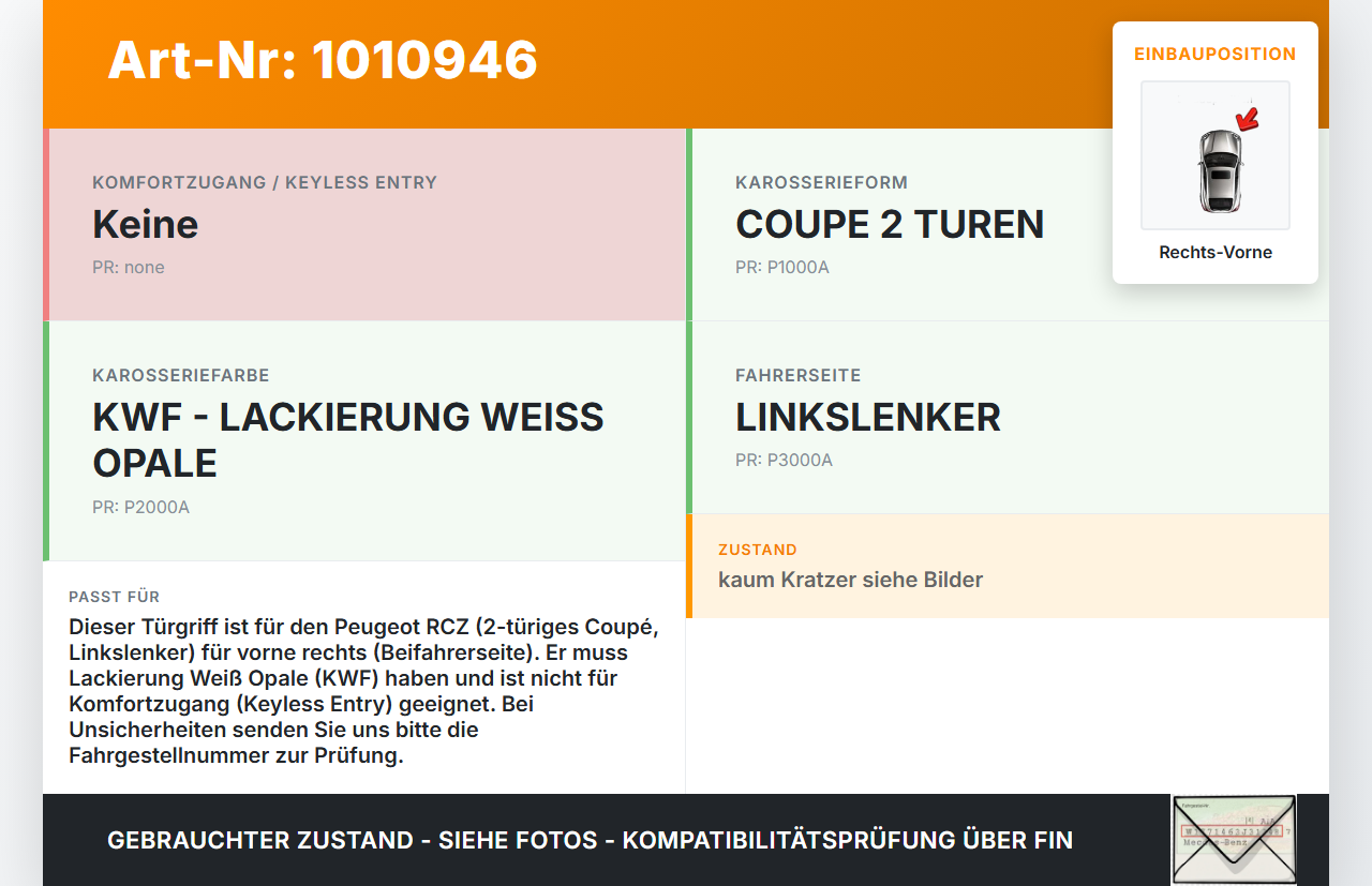 Peugeot RCZ 10-15 Coupe Türgriff Griff aussen Rechts Vorne KWF Peugeot RCZ 10-15 18.04.2011 9101GH gebraucht Vorschau 3