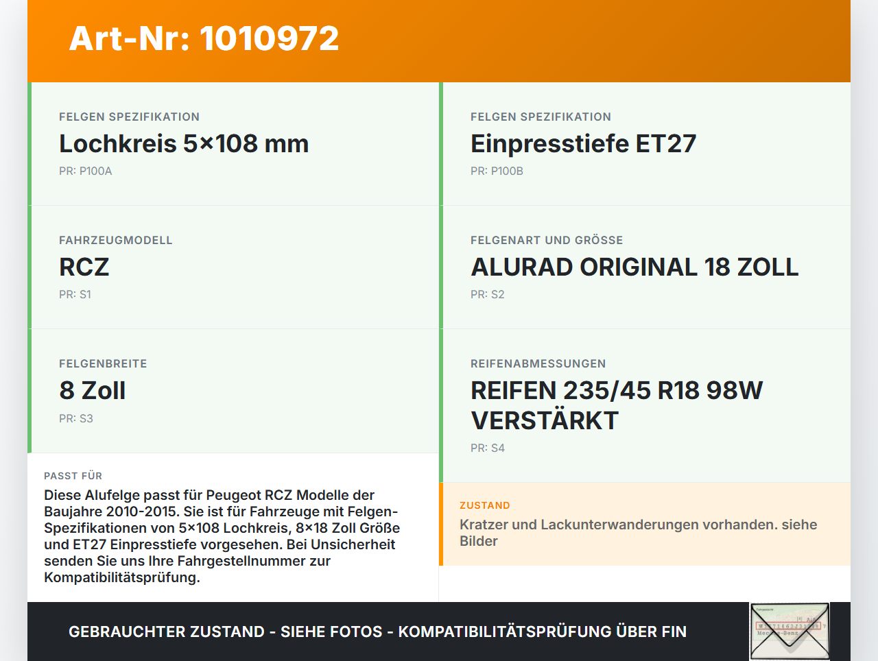 Peugeot RCZ 10-15 1x Felge Alufelge 5X108 8X18Zoll ET27 Peugeot RCZ 10-15 18.04.2011 9673495377 gebraucht Vorschau 3