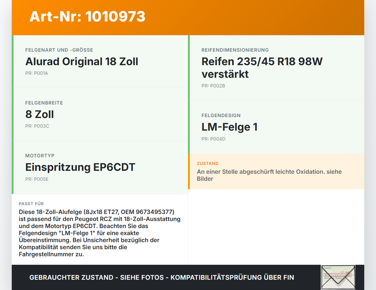 Peugeot RCZ 10-15 1x Felge Alufelge 5X108 8X18Zoll ET27 Peugeot RCZ 10-15 18.04.2011 9673495377 gebraucht Vorschau 3