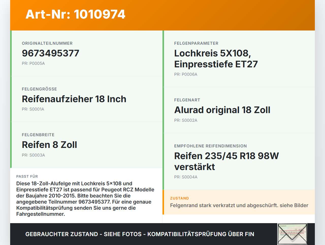 Peugeot RCZ 10-15 1x Felge Alufelge 5X108 8X18Zoll ET27 Peugeot RCZ 10-15 18.04.2011 9673495377 gebraucht Vorschau 3