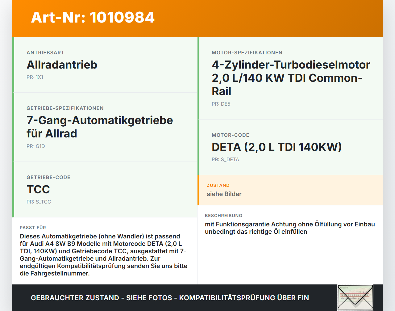 Audi A4 8W B9 19-24 TDI 2,0 140KW 4WD TCC Automatikgetriebe Getriebe ohne Wandler 7G DSG TCC Audi A4 8W B9 19-24... Vorschau 3