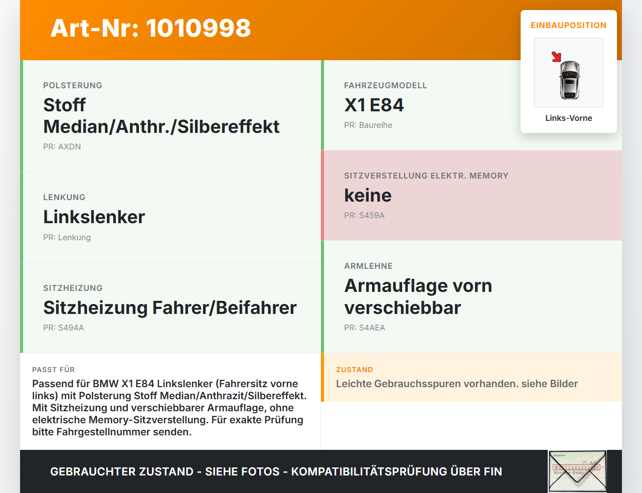 BMW X1 E84 X18D 09-12 Kombi Sitzbezug Sitzpolster für Fahrersitz Sitz Links Vorne beheizt BMW X1 E84 X18D 09-12... Vorschau 3