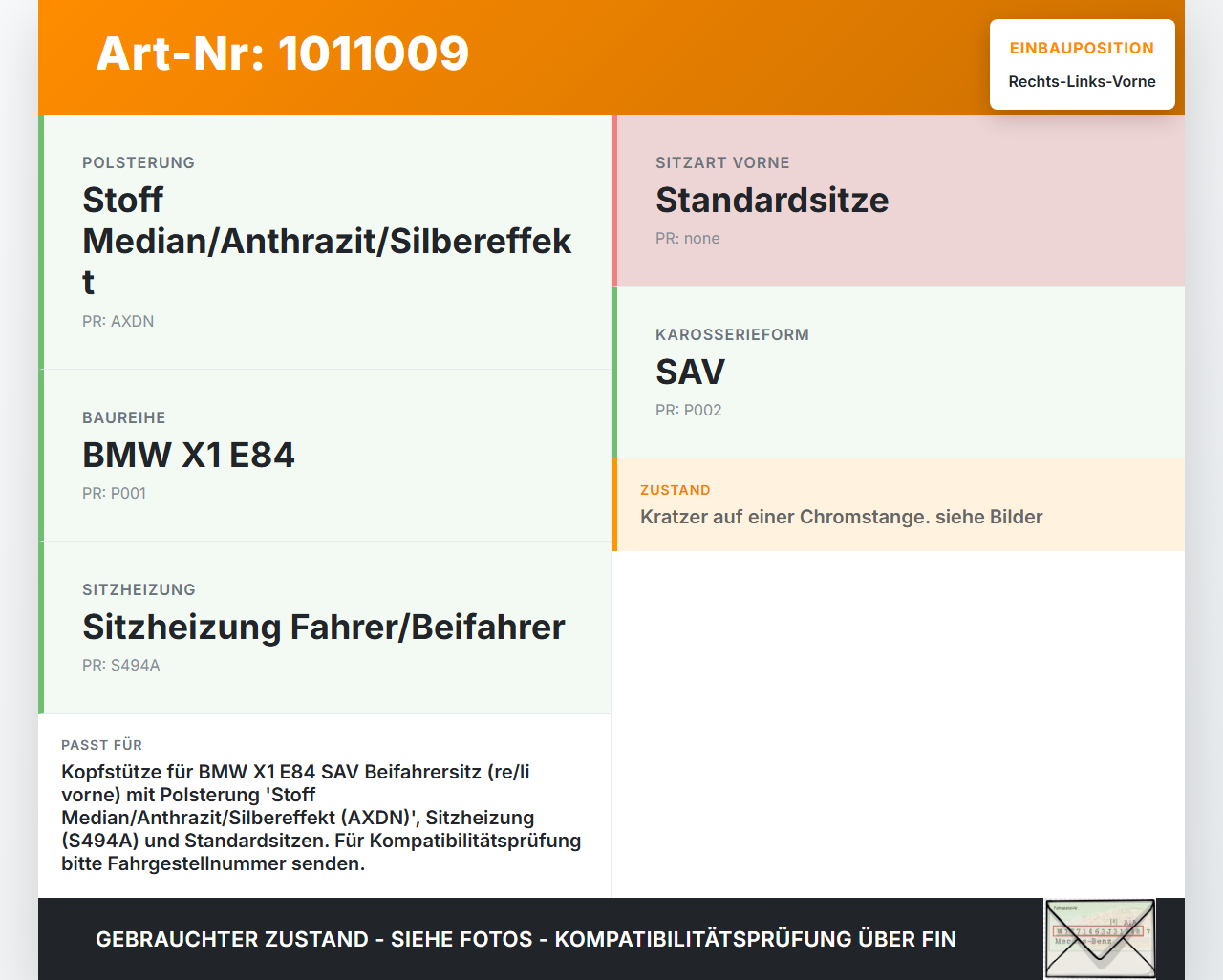 BMW X1 E84 X18D 09-12 Kombi Kopfstütze für Beifahrer Sitz Rechts oder Links Vorne BMW X1 E84 X18D 09-12 21.06.2010... Vorschau 3