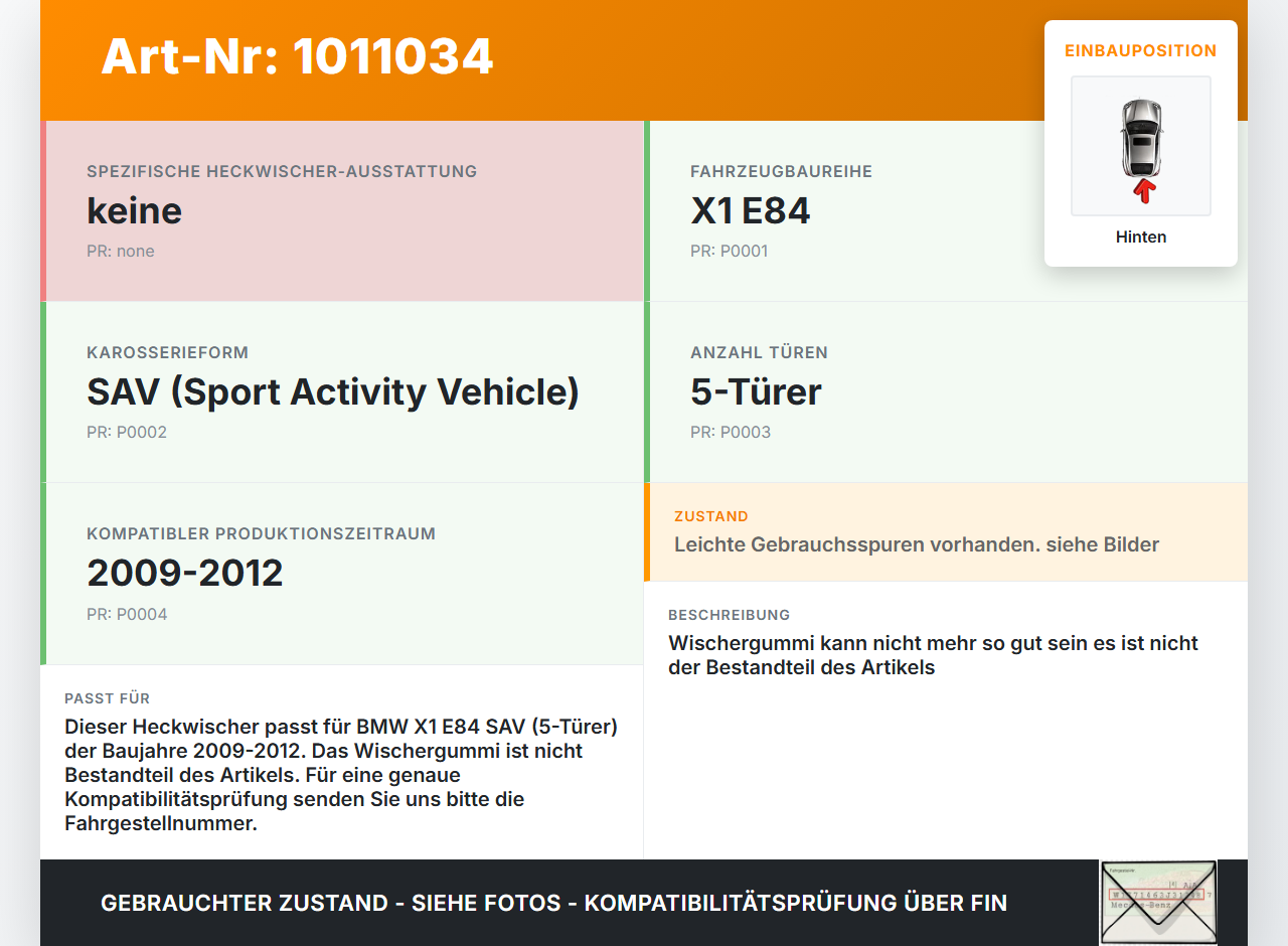 BMW X1 E84 X18D 09-12 Kombi Heckwischer Scheibenwischer Hinten Wischarm BMW X1 E84 X18D 09-12 21.06.2010 9449913... Vorschau 3