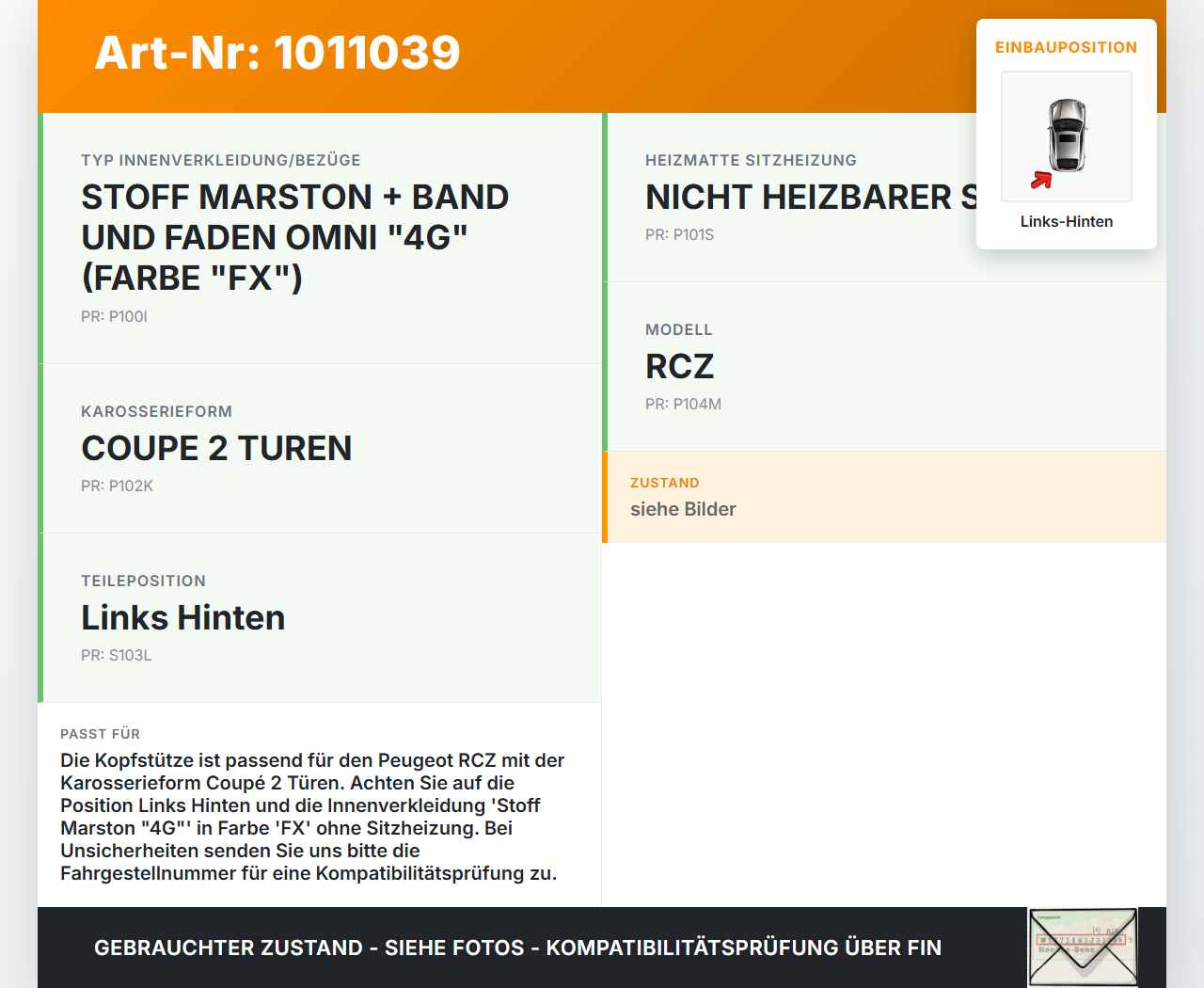 Peugeot RCZ 10-15 Kopfstütze Sitz Links Hinten Peugeot RCZ 10-15 18.04.2011 330089327 gebraucht Vorschau 3