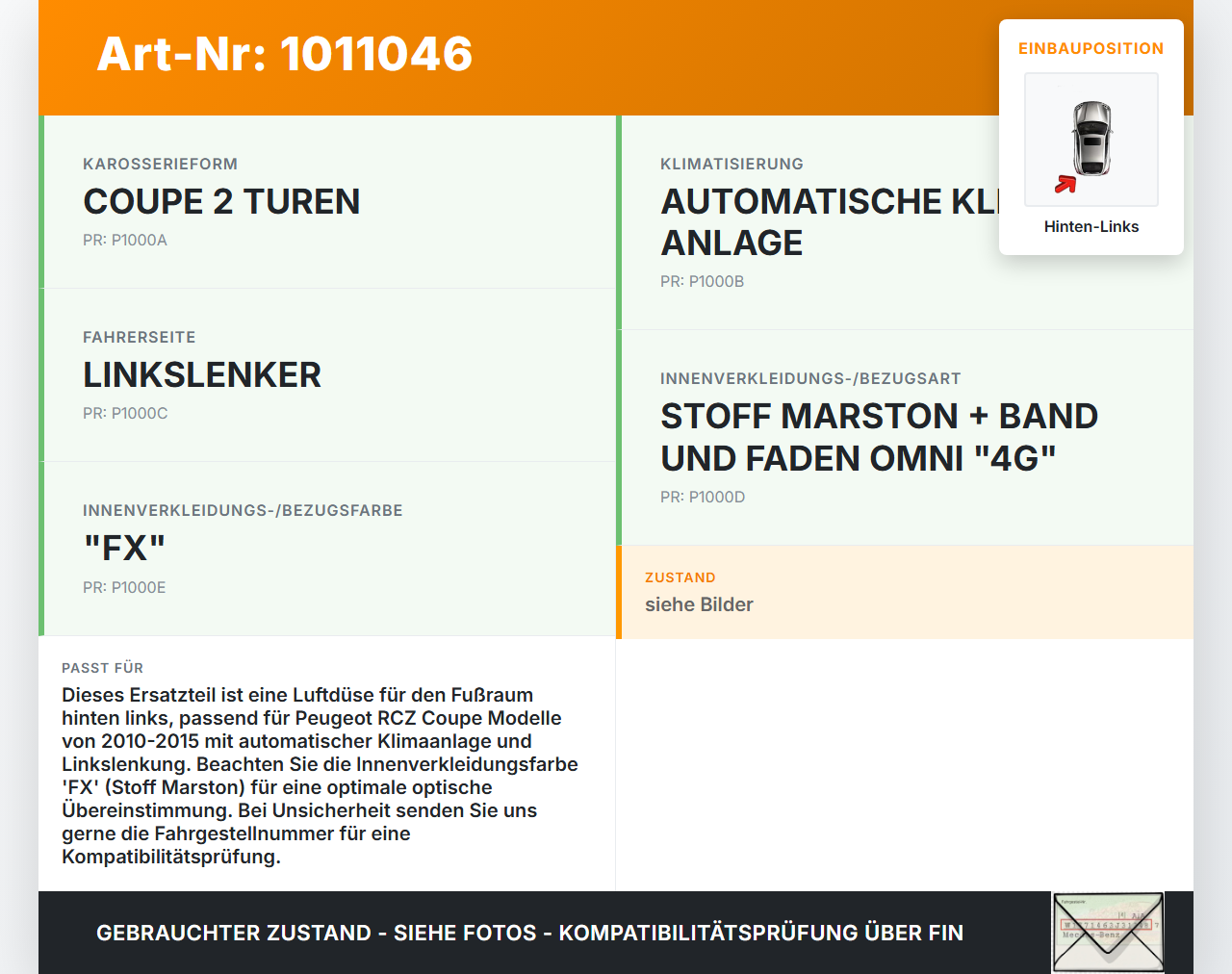 Peugeot RCZ 10-15 Coupe Luftdüse Fußraumausströmer Hinten Links Peugeot RCZ 10-15 18.04.2011 YM1640247704 gebraucht Vorschau 3