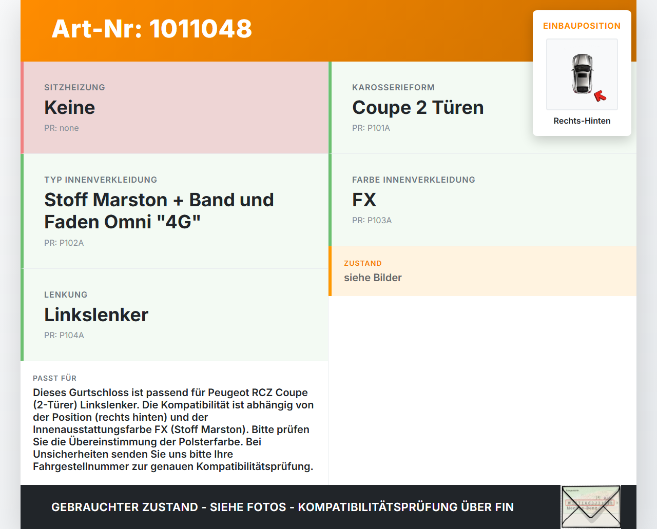 Peugeot RCZ 10-15 Coupe Gurtschloss Rechts Hinten Peugeot RCZ 10-15 18.04.2011 1003419-P gebraucht Vorschau 3