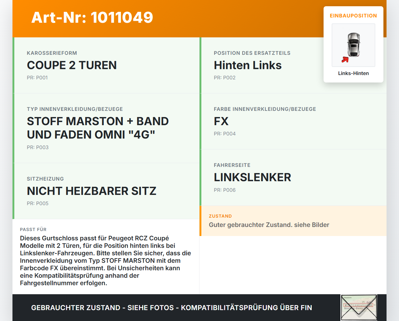 Peugeot RCZ 10-15 Coupe Gurtschloss Links Hinten Peugeot RCZ 10-15 18.04.2011 gebraucht Vorschau 3