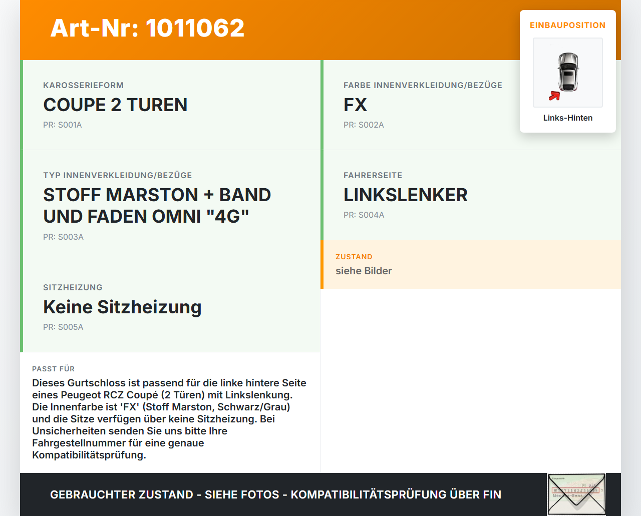 Peugeot RCZ 10-15 Coupe Gurtschloss Links Hinten Peugeot RCZ 10-15 18.04.2011 980101024 gebraucht Vorschau 3