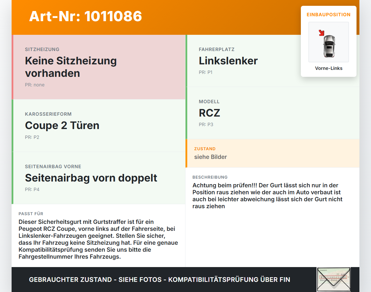 Peugeot RCZ 10-15 Coupe Sicherheitsgurt Gurtstraffer Gurt Vorne Links Peugeot RCZ 10-15 18.04.2011 YM15300480 gebraucht Vorschau 3