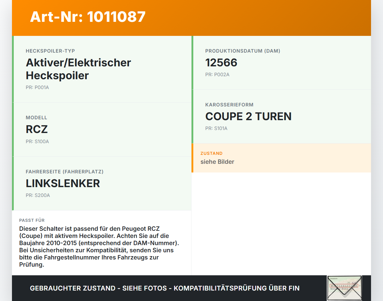 Peugeot RCZ 10-15 Schalter für Heckspoiler Peugeot RCZ 10-15 18.04.2011 96661207XT gebraucht Vorschau 3