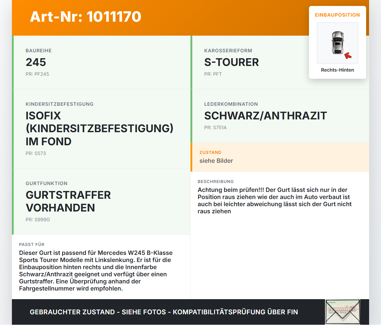 Mercedes W245 B200 05-08 Gurt Sicherheitsgurt Gurtstraffer Rechts Hinten Mercedes W245 B200 05-08 17.03.2006... Vorschau 3