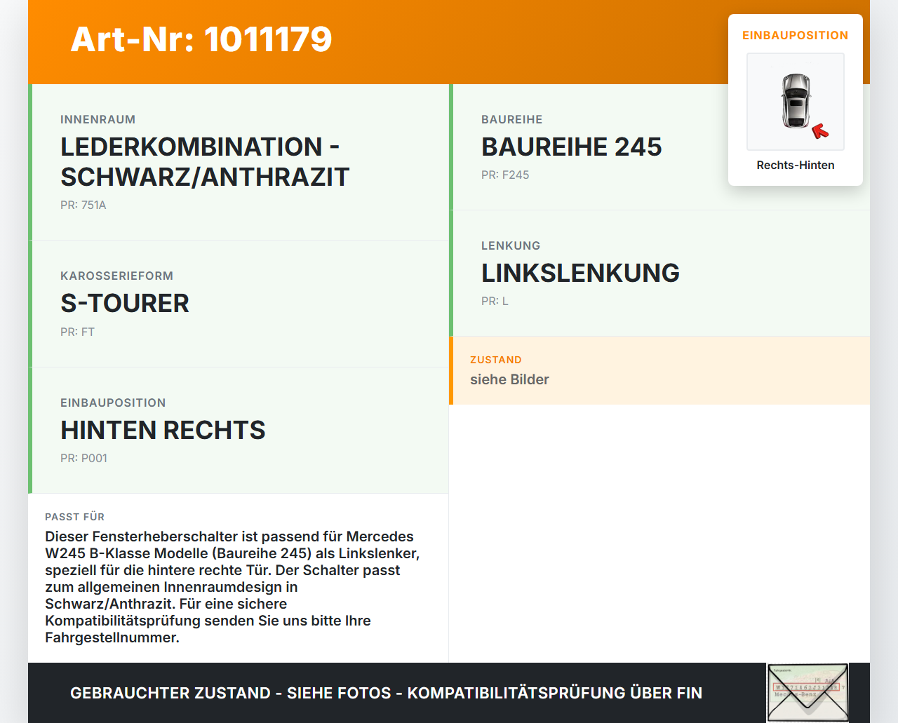 Mercedes W245 B200 05-08 Fensterheberschalter Schalter Rechts Hinten Mercedes W245 B200 05-08 17.03.2006... Vorschau 3