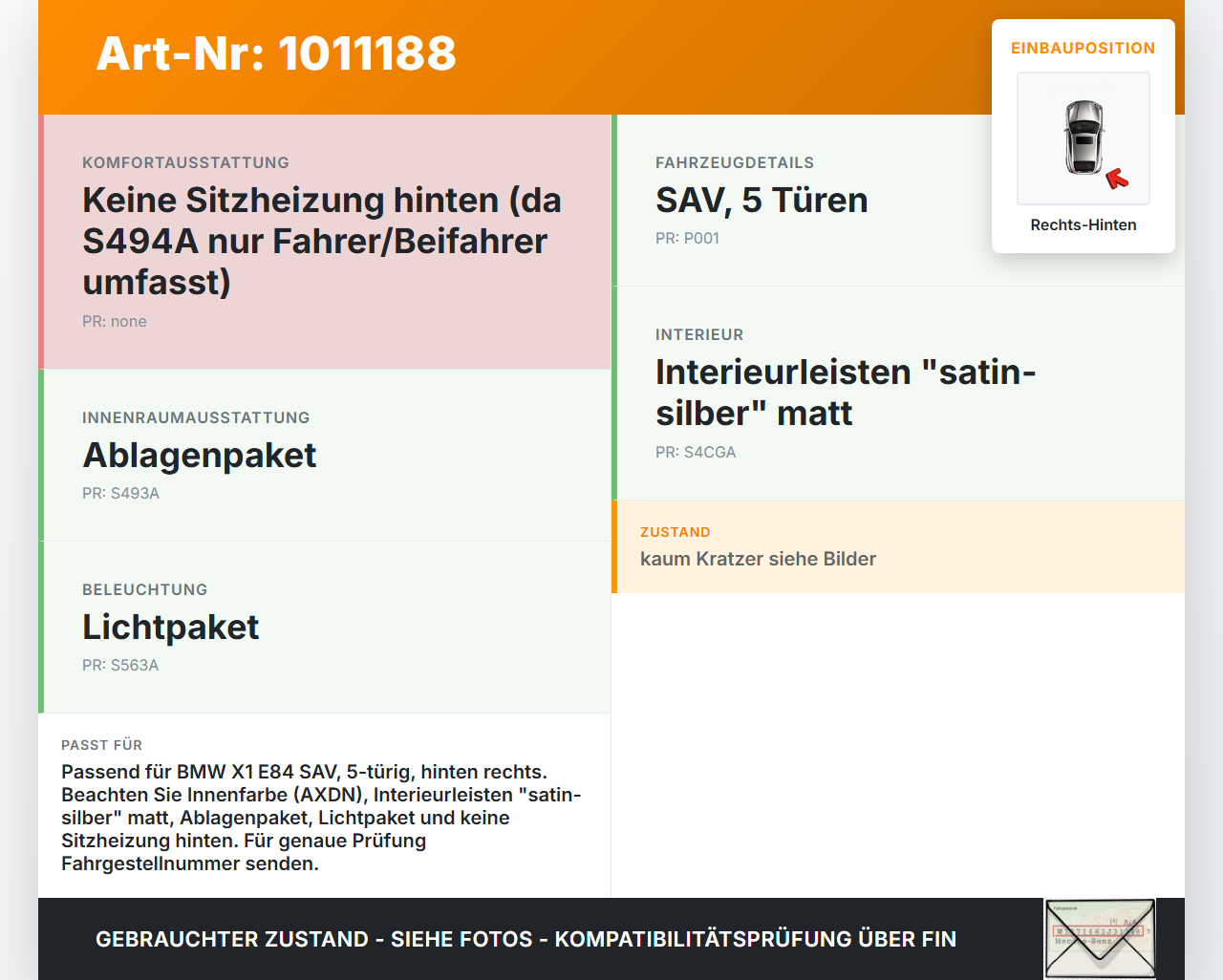 BMW X1 E84 X18D 09-12 Kombi Türverkleidung Türpappe Rechts Hinten BMW X1 E84 X18D 09-12 21.06.2010 7327242... Vorschau 3