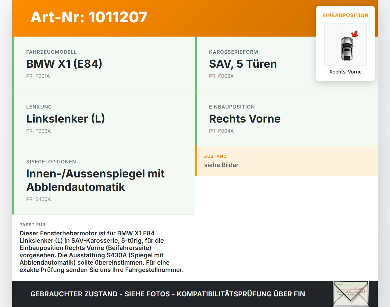 BMW X1 E84 X18D 09-12 Kombi Fensterhebermotor Rechts Vorne BMW X1 E84 X18D 09-12 21.06.2010 6927028 67626927028... Vorschau 3