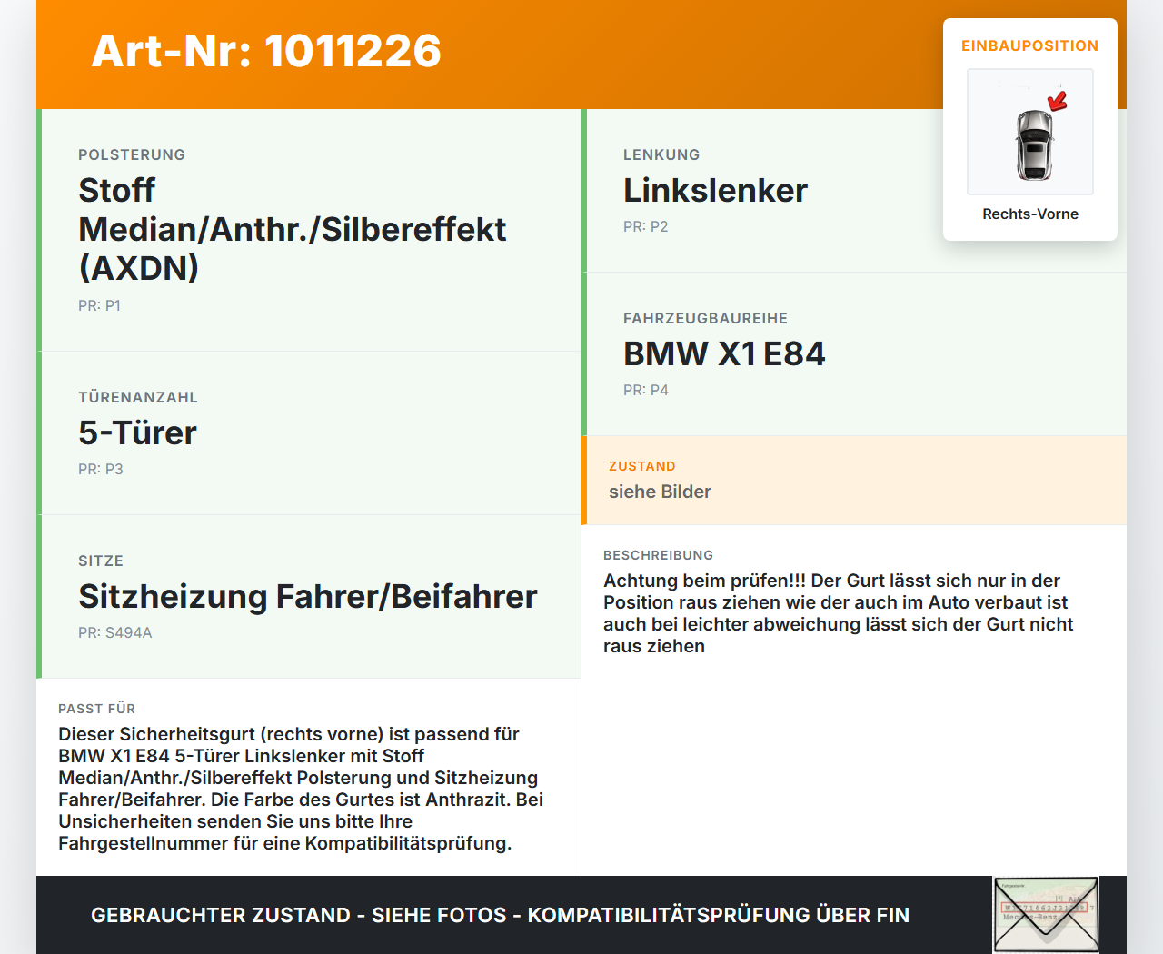 BMW X1 E84 X18D 09-12 Kombi Gurt Sicherheitsgurt Rechts Vorne BMW X1 E84 X18D 09-12 21.06.2010 2991282 72112991282... Vorschau 3