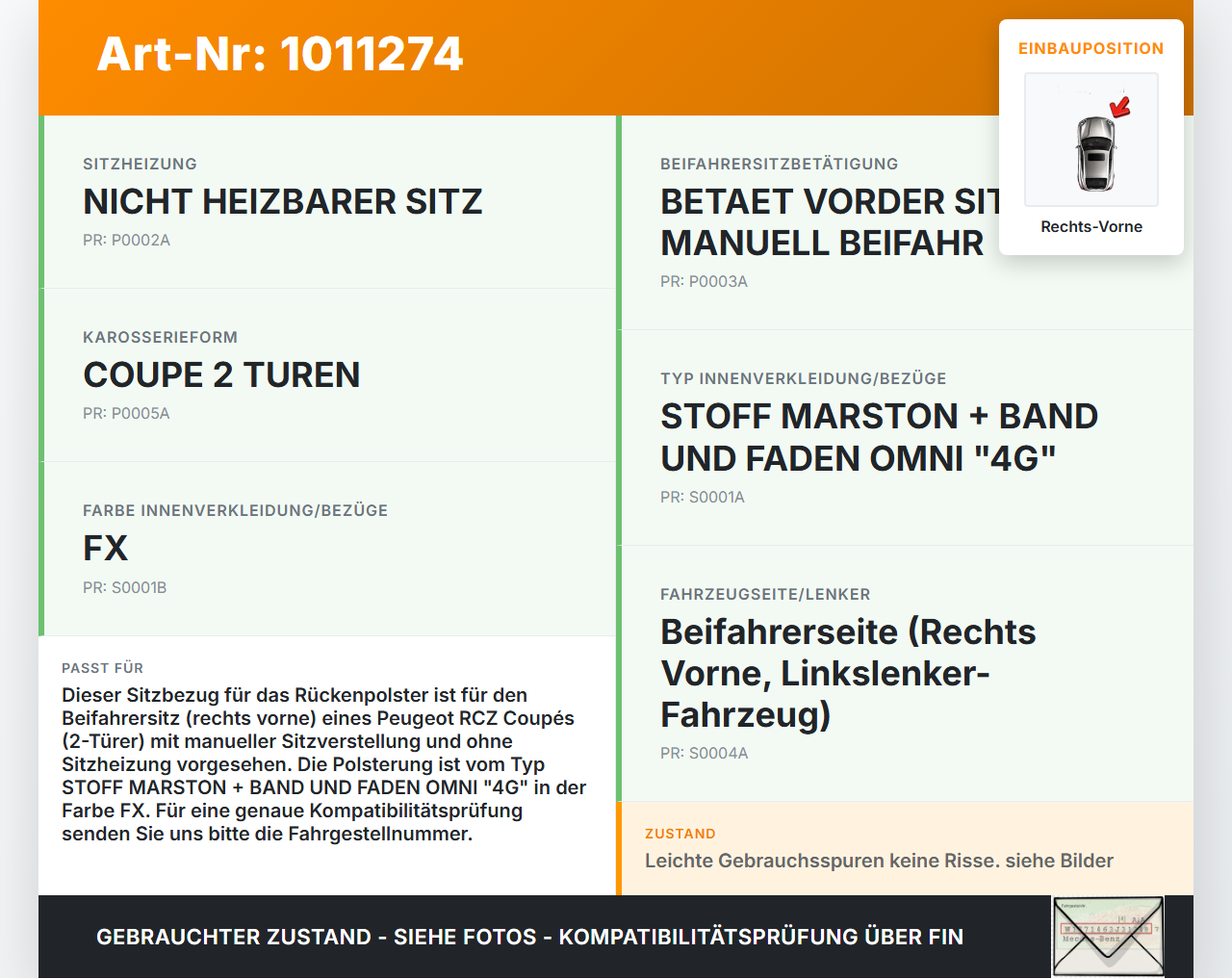 Peugeot RCZ 10-15 Coupe Sitzbezug Rückenpolster Rechts Vorne für Beifahrer Sitz Peugeot RCZ 10-15 18.04.2011 gebraucht Vorschau 3