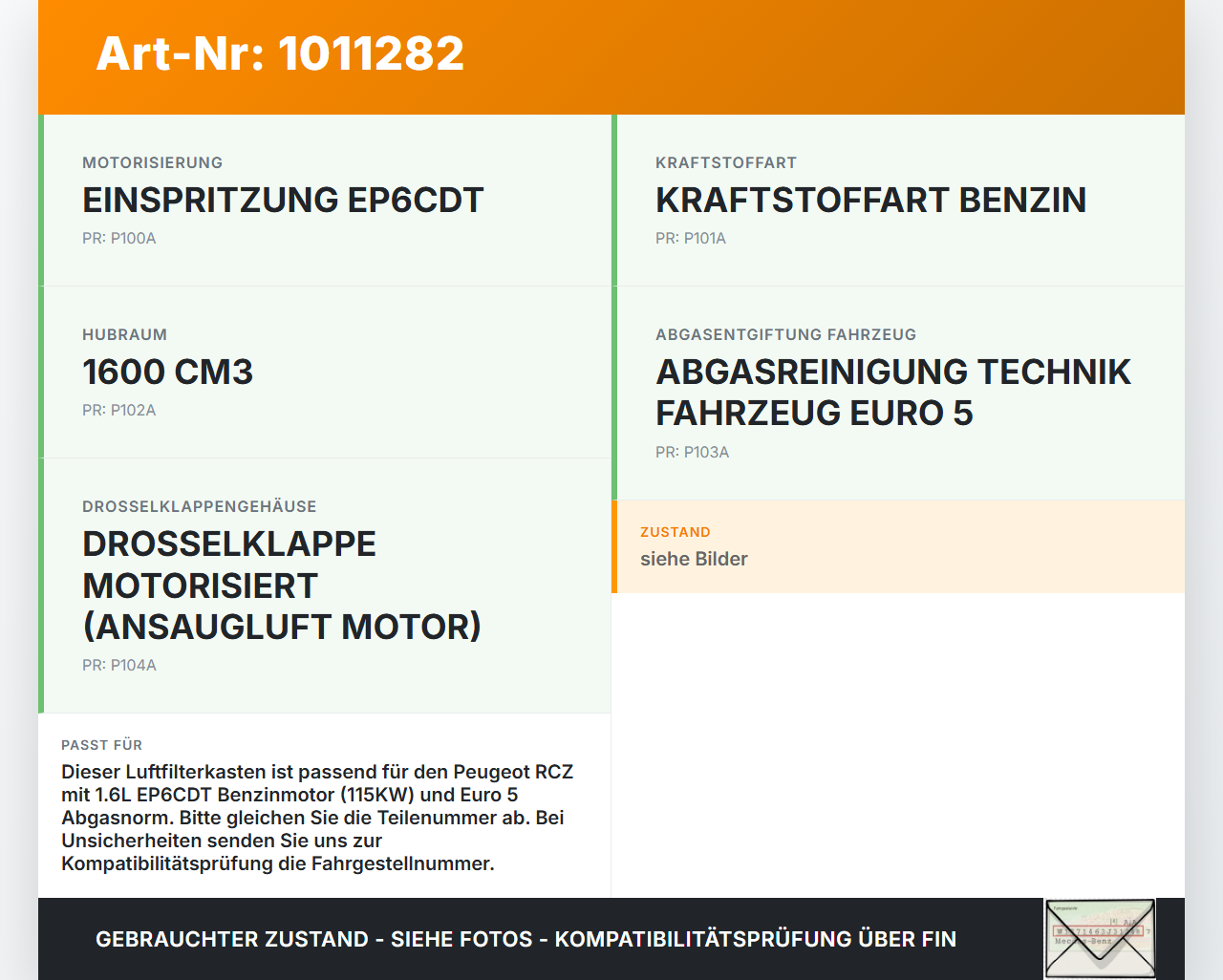 Peugeot RCZ 10-15 1,6 115KW Luftfilterkasten Peugeot RCZ 10-15 18.04.2011 9656237980 gebraucht Vorschau 3